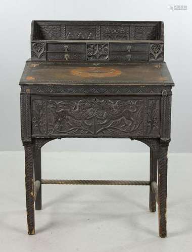 18th/19thC English Carved Oak Slant-Lid Desk