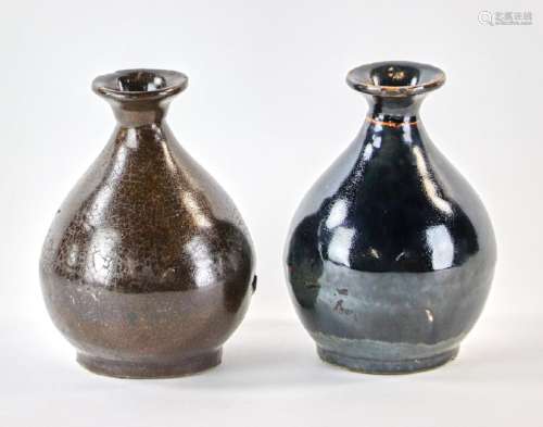 Two 19thC Japanese Black Glazed Sake Bottles