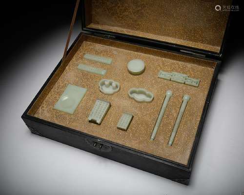 CHINESE SET OF 11 JADE CARVED TOOLS OF CALLIGRAPHY