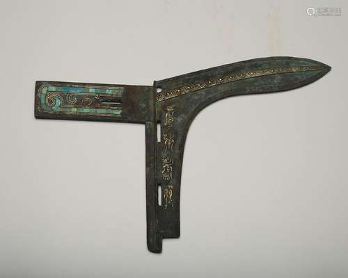 CHINESE BRONZE SPEAR HEAD INLAID TURQUOISE AND SIL