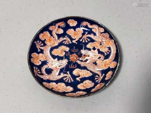 CHINESE B/W IRON RED DRAGON PORCELAIN DISH