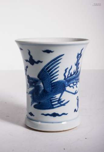 CHINESE BLUE WHITE PHOENIX BRUSH POT