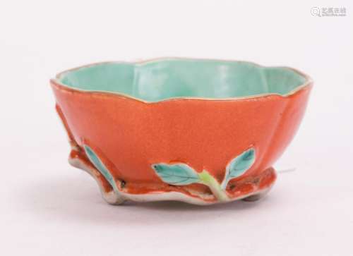 CHINESE CORAL RED PORCELAIN BOWL WITH FRUIT VINE