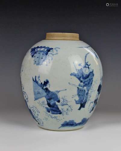 CHINESE BLUE AND WHITE FIGURINE PORCELAIN JAR