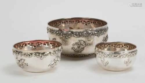 THREE ANTIQUE SILVER BOWLS WITH BUDDHA MOTIF