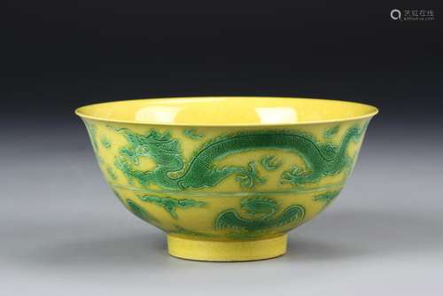 Chinese Yellow Glazed Green Dragon Bowl