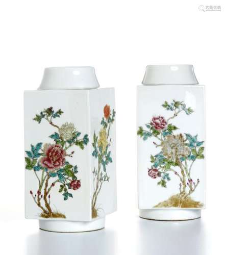 Pair of Chinese Famille Rose Cong-Form Vases