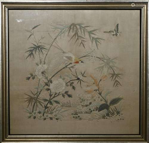 Chinese Framed Silk Embroidery of Flowers and Birds