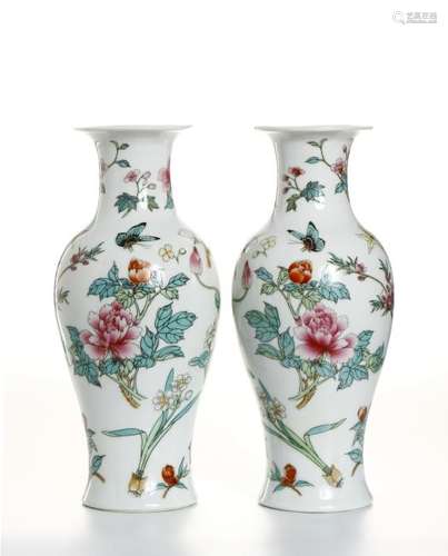 Pair of Chinese Famille Rose 'Floral' Vases