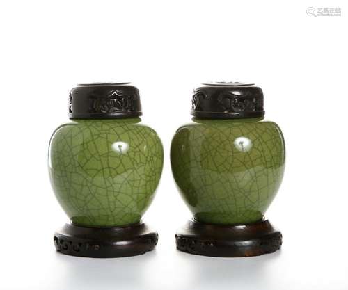 Pair of Chinese Green Crackle Glazed Jars