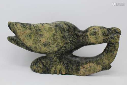 Large Carved Bird w/ Fish Inuit Sculpture