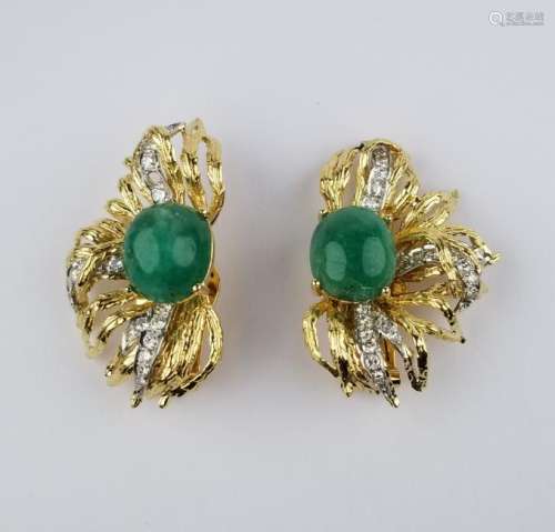 18K Gold Cabochon Emerald & Diamond Earrings
