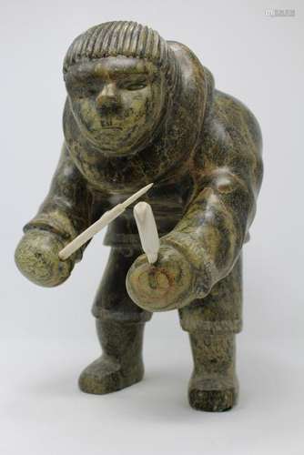 Large Carved Hunter w/ Bone Club Inuit Sculpture