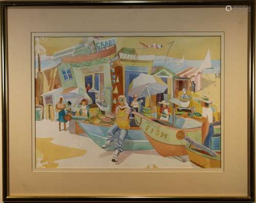 Rowena Smith, 20th C. Watercolor of a Fish Market