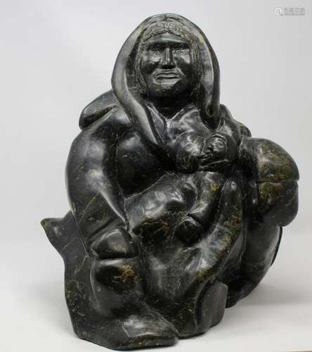 Large Inuit Carved Stone Mother & Child Sculpture