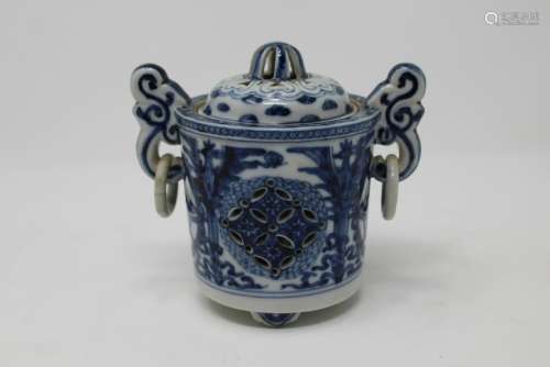 Chinese, Signed Blue/White Twin Handled Cup