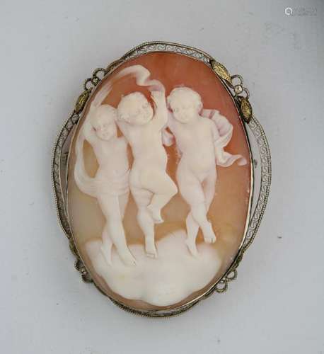 Large Vintage Cameo Pin 14k White Gold