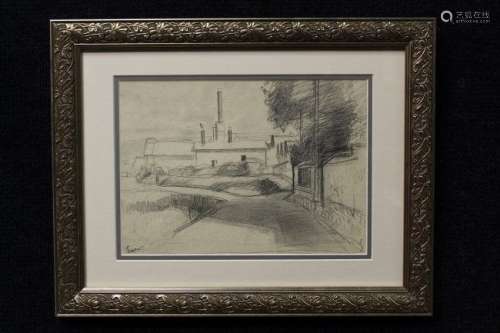 French School Pencil Sketch of Pottery Factory