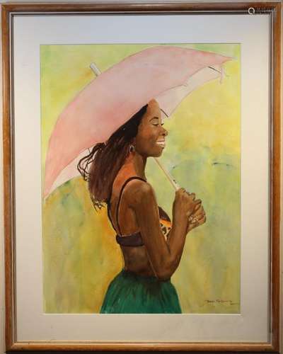 Signed, Watercolor of Woman Holding Umbrella