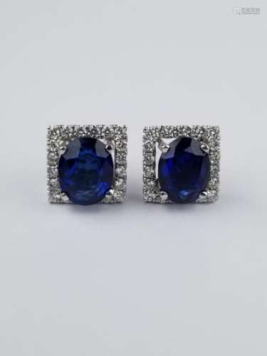 Pair of 18K White Gold Sapphire & Diamond Earrings