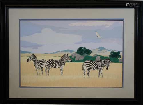 Bernard Scott, Tempera Painting of Zebras