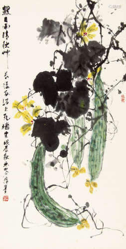 林岑 （1937-2019） 丝瓜图1988年作（指墨） 设色纸本立轴
