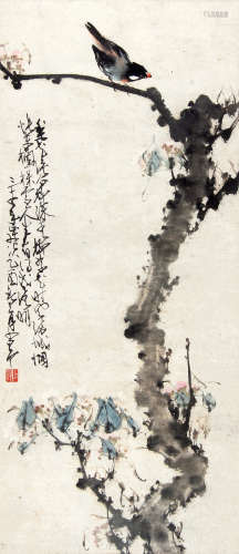 赵少昂 （1905-1998） 雀立枝头1945年作 设色纸本立轴
