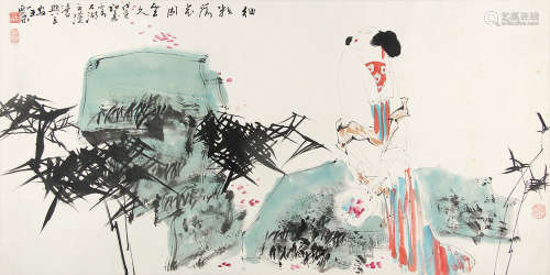 王西京 （1900-1976） 细数落花因久坐1998年作 设色纸本镜片