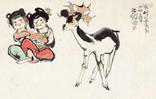 程十发 （1921-2007） 少女吉祥1987年作 设色纸本未裱