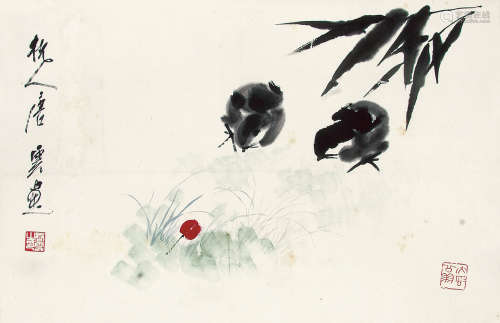 唐云 （1910-1993） 鸡趣图 设色纸本立轴