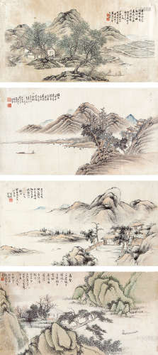 张汤铭·李文诗·陶芸楼·王焕章 （1888-1952） 山水四屏 设色纸本镜片