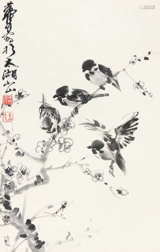 黄胄 （1925-1997） 雀立枝头 设色纸本镜片