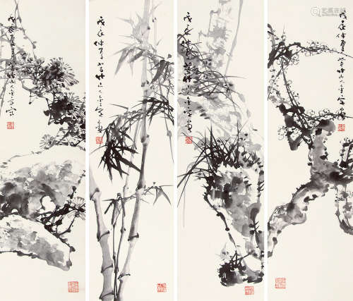 林金定 （1943-1991） 墨竹四条屏1988年作 水墨纸本立轴