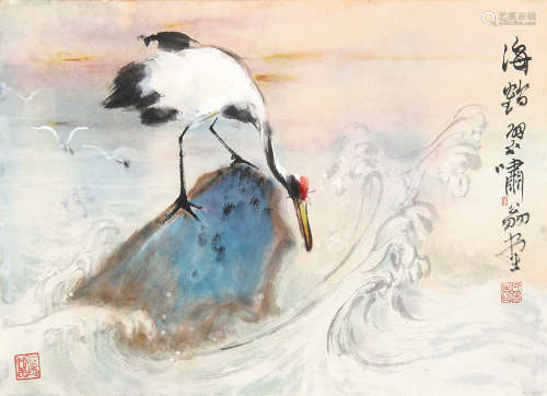 郑乃珖 （1911-2005） 海鹤 设色纸本未裱