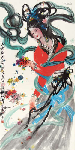 石齐 （b.1939） 天女散花图1980年作 设色纸本立轴