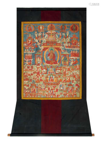 十七世纪 阿弥陀佛极乐净土唐卡 棉布矿物彩绘