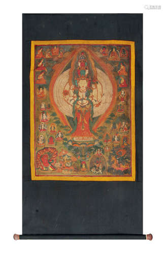 十八世纪 十一面千手观音唐卡　藏东 棉布矿物彩绘