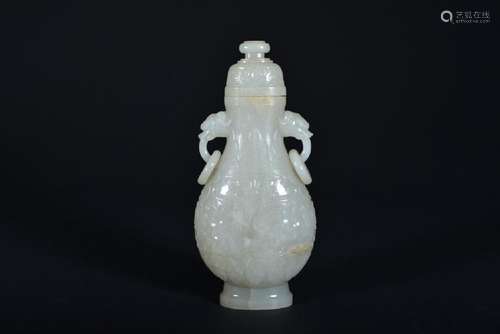 A WHITE JADE CARVING OF VASE AND COVER.QING PERIOD