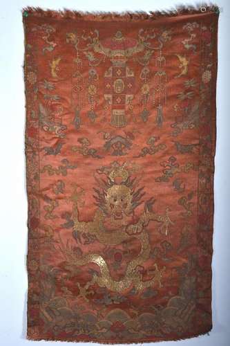 A DARK-RED GRUOND BROCADE 'DRAGON' PANEL.QING PERIOD