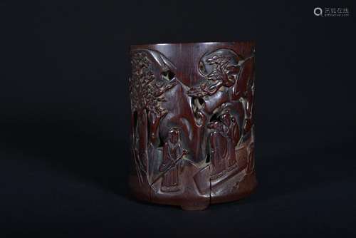 A CARVED BAMBOO 'LANDSCAPE' BRUSHPOT.BITONG. QING