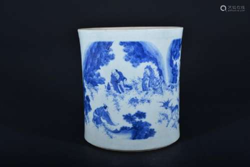 A BLUE AND WHITE BRUSHPOT.BITONG. QING PERIOD