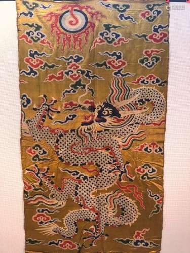 A YELLOW-GROUND BROCADE 'DRAGON' PANEL.QING PERIOD