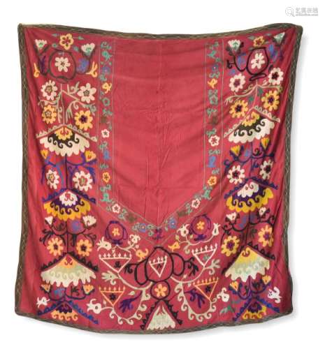 Embroidered Silk Prayer Suzani With Rose Ground