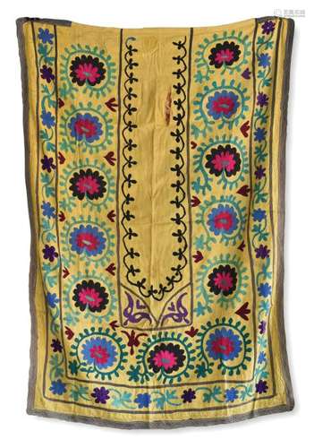 Embroidered Silk Prayer Suzani With Yellow Ground