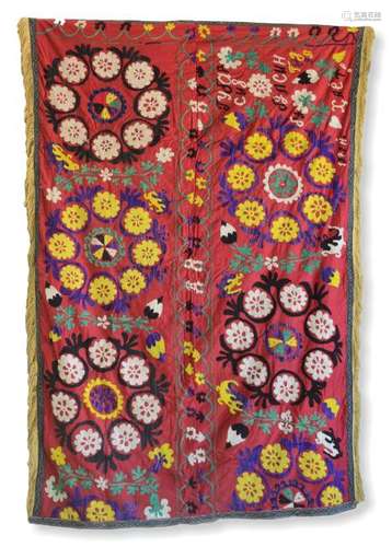 Silk Embroidered Suzani With Burgundy Ground