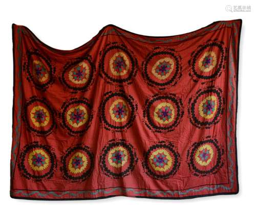 Silk Embroidered Suzabin With Red Ground