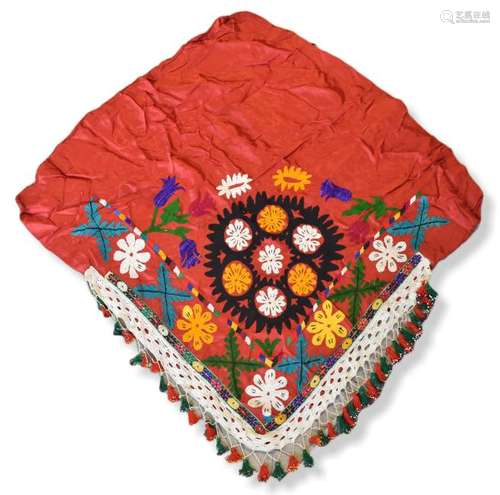 Red Silk Embroidered Head Scarf