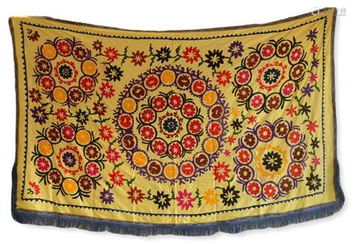 Silk Embroidered Suzani With Yellow Ground