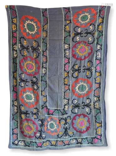 Embroidered Silk Prayer Suzani With Blue Ground