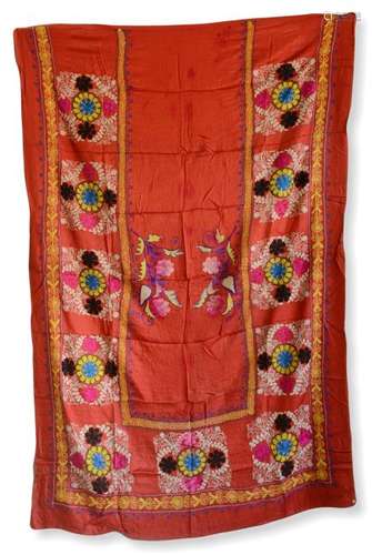 A Finely Embroidered Silk Prayer Suzani With Red Ground